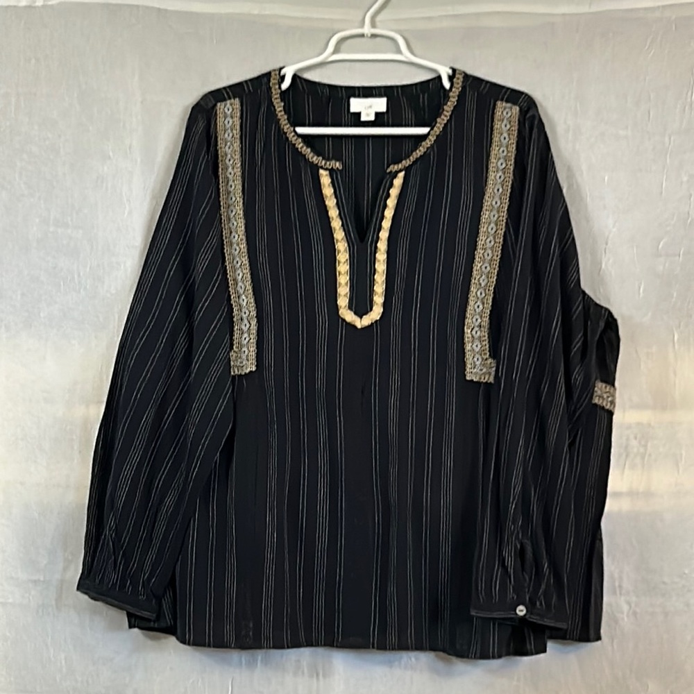 JJILL Peasant top black tan stripes embroidery 2X